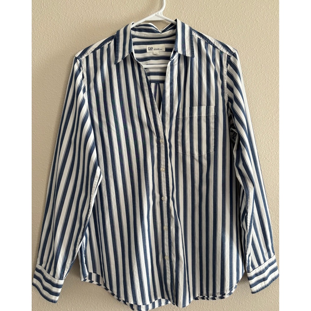 Gap Perfect Shirt Womens Large Blue White Stripe 100% Cotton Minimalist Travel